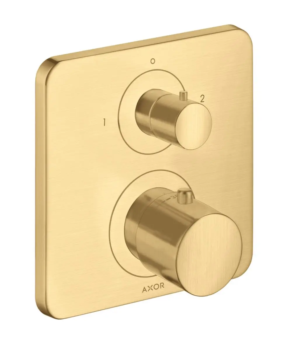 Thermostat mit Ab- und Umstellventil in gebürsteter Goldoptik. Bedienknöpfe zur Temperaturregelung sowie zur Umstellung. Marke AXOR sichtbar.